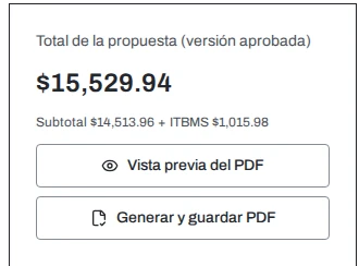Propuesta en Civil Core: total con subtotal e ITBMS, vista previa y PDF