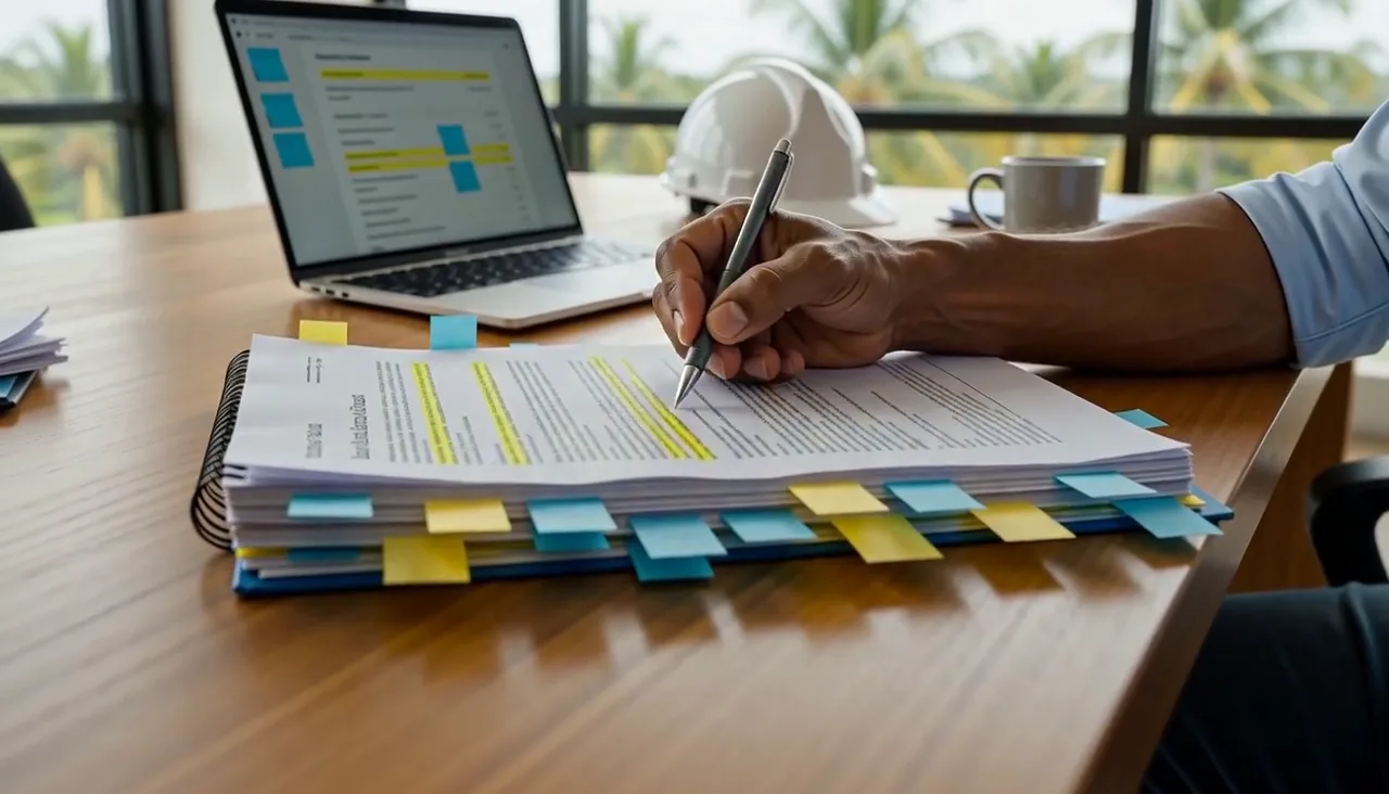 Un ingeniero marca un pliego grueso lleno de banderitas por página, con la laptop al lado mostrando la lista de requisitos