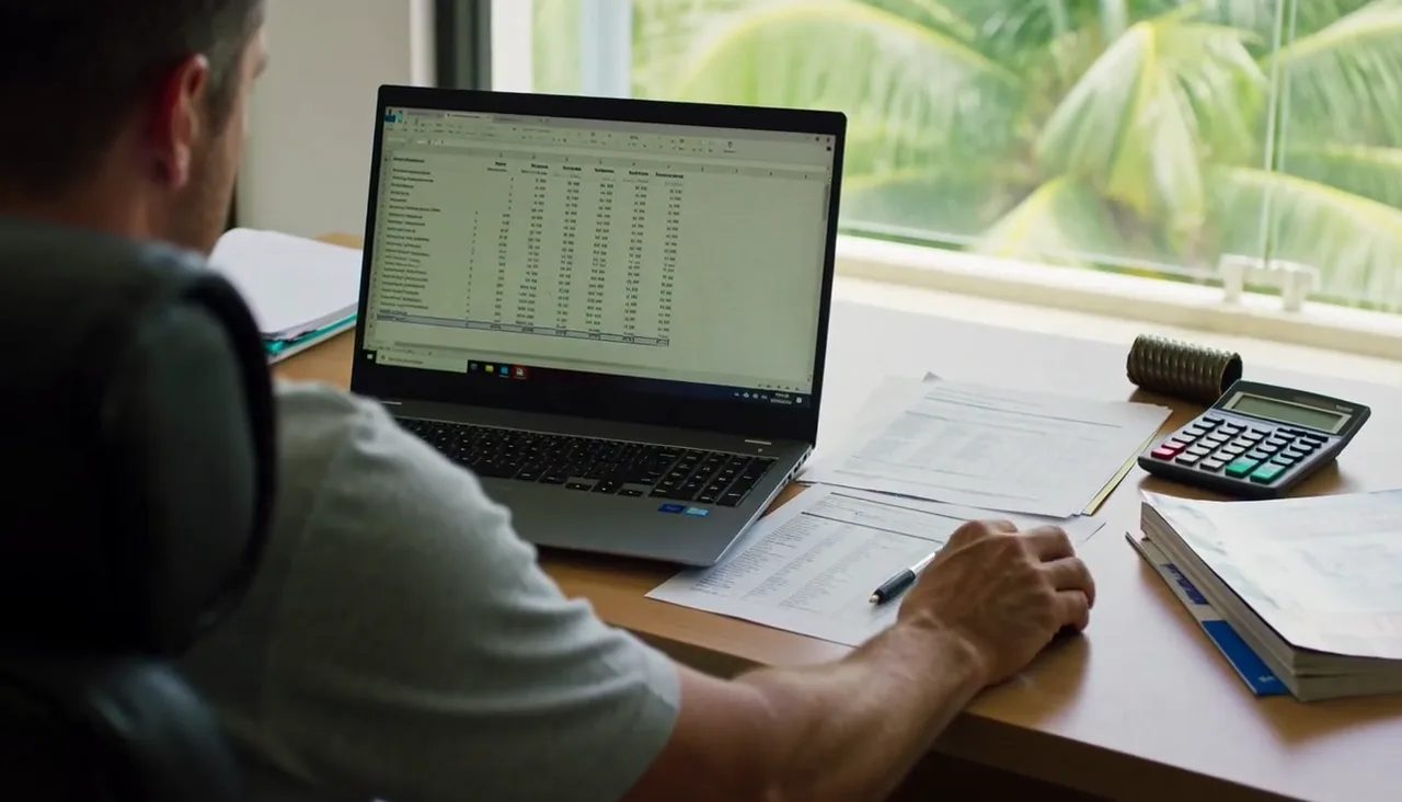 Un estimador revisa en la laptop la tabla de partidas del presupuesto, con cotizaciones impresas y una calculadora sobre el escritorio